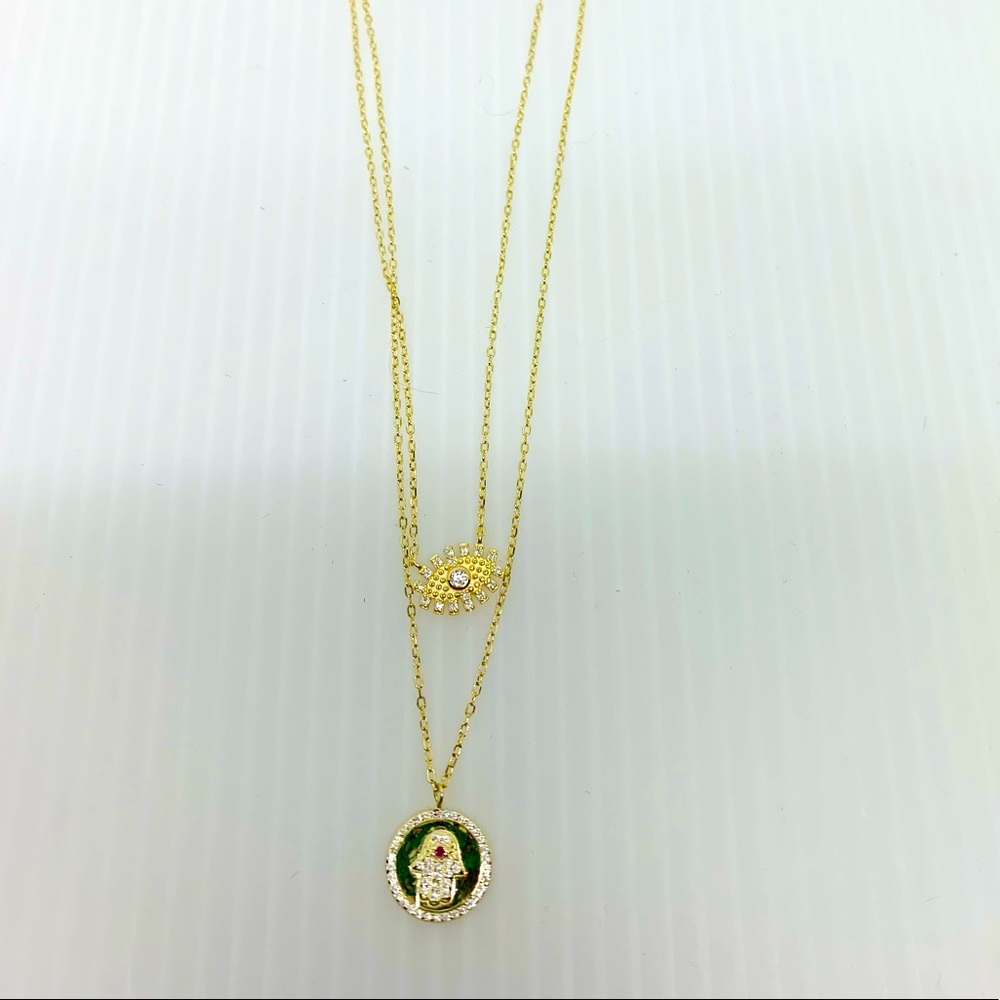 Hamsa/Evil Eye 2Strand Rhinestone Pendant Necklace